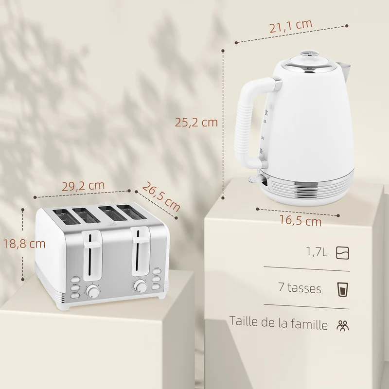 Ensemble bouilloire et grille-pain 29.2 x 26.5 x 18.8 cm 1,7 l 7 niveaux sécurisée moderne en acier inoxydable blanc 21_0000961
