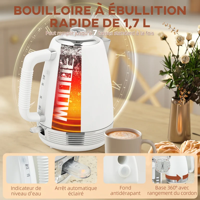 Ensemble bouilloire et grille-pain 29.2 x 26.5 x 18.8 cm 1,7 l 7 niveaux sécurisée moderne en acier inoxydable blanc 21_0000961
