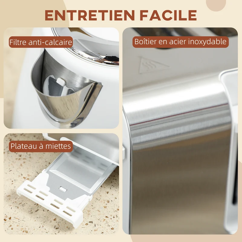 Ensemble bouilloire et grille-pain 29.2 x 26.5 x 18.8 cm 1,7 l 7 niveaux sécurisée moderne en acier inoxydable blanc 21_0000961