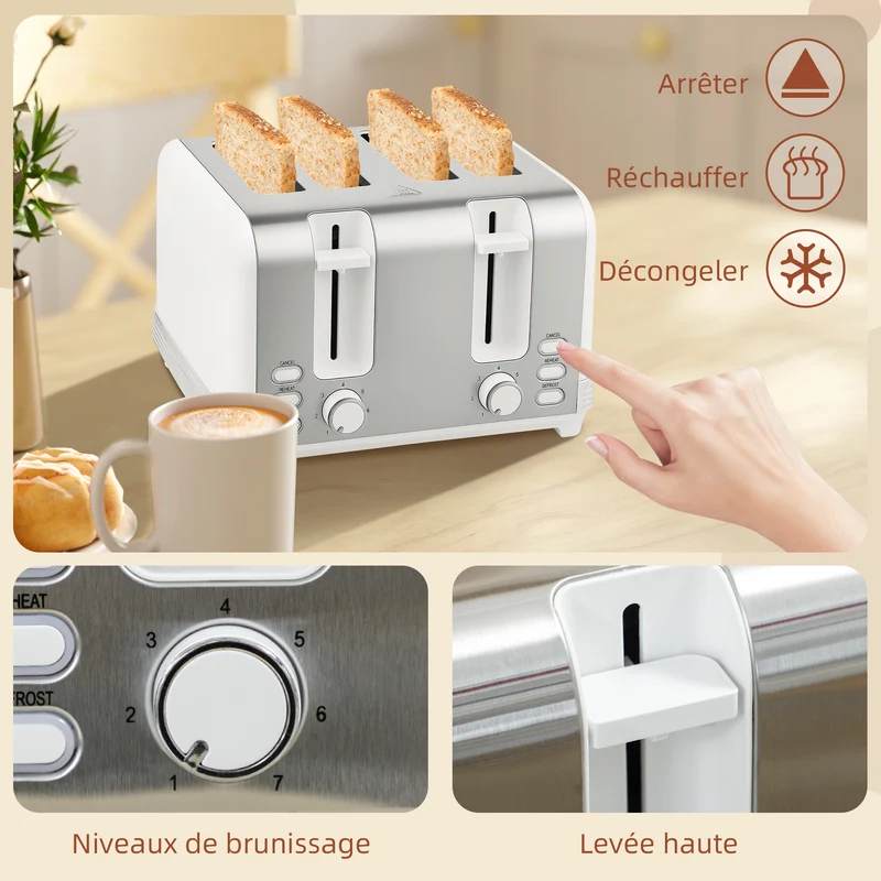 Ensemble bouilloire et grille-pain 29.2 x 26.5 x 18.8 cm 1,7 l 7 niveaux sécurisée moderne en acier inoxydable blanc 21_0000961