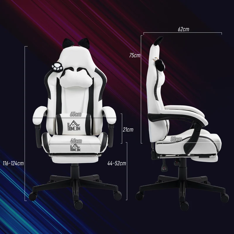 Chaise de jeu ergonomique 65 x 62 x 124 cm assise réglable dossier inclinable design moderne tendance stable en PU blanc 21_0006282