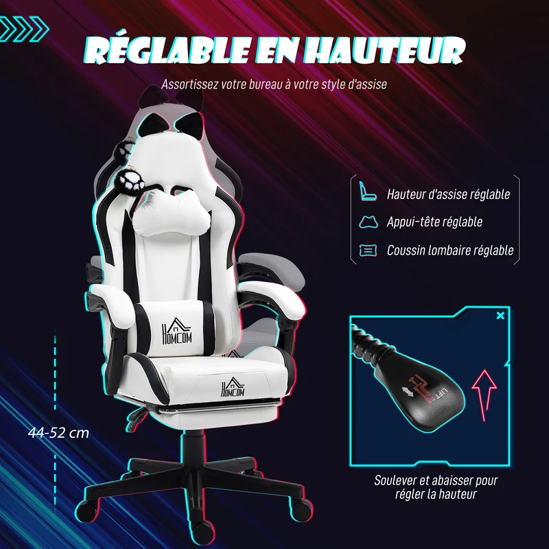 Chaise de jeu ergonomique 65 x 62 x 124 cm assise réglable dossier inclinable design moderne tendance stable en PU blanc 21_0006282