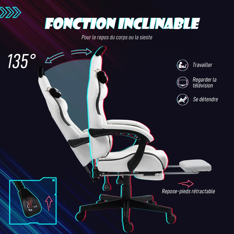 Chaise de jeu ergonomique 65 x 62 x 124 cm assise réglable dossier inclinable design moderne tendance stable en PU blanc 21_0006282