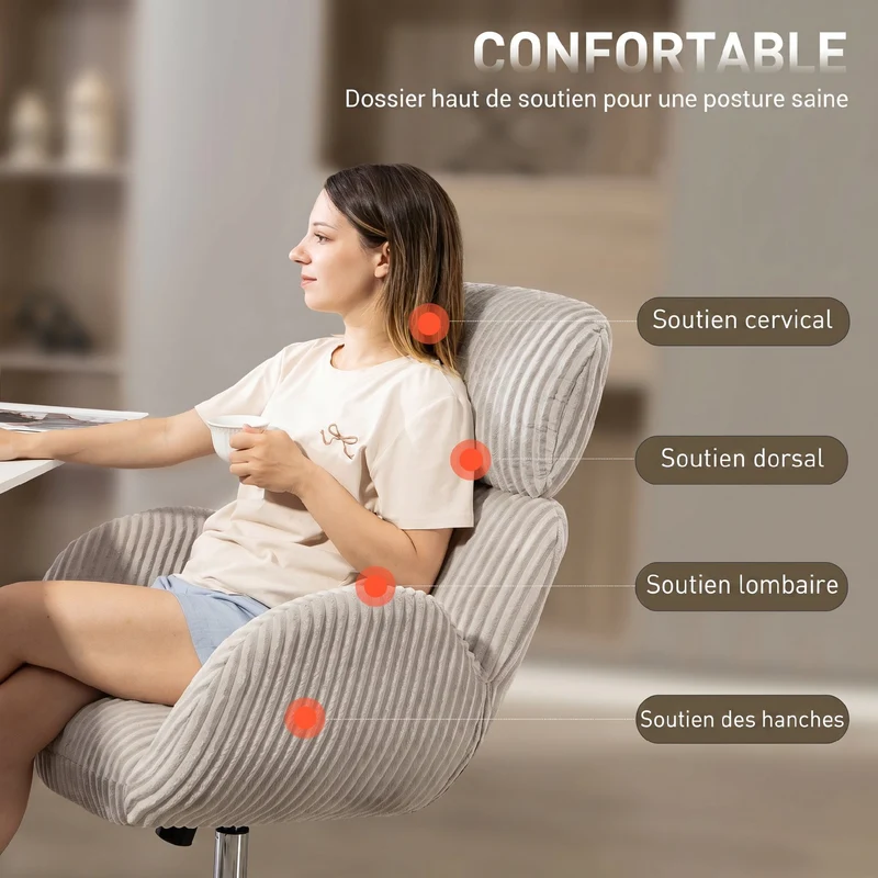 Chaise de bureau ergonomique dossier haut appui-tête 74 x 70 x 104-112 cm assise réglable moderne 360 en velours gris 21_0006318