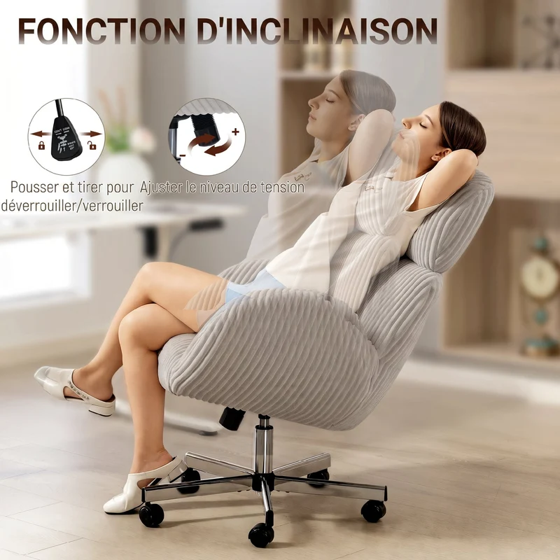 Chaise de bureau ergonomique dossier haut appui-tête 74 x 70 x 104-112 cm assise réglable moderne 360 en velours gris 21_0006318