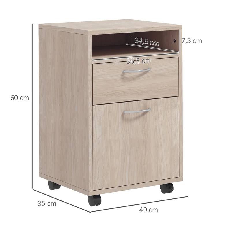 Caisson de bureau 40 x 35 x 60 cm tiroir coulissant et placard poignées épuré moderne en panneaux de particules chêne 21_0002383