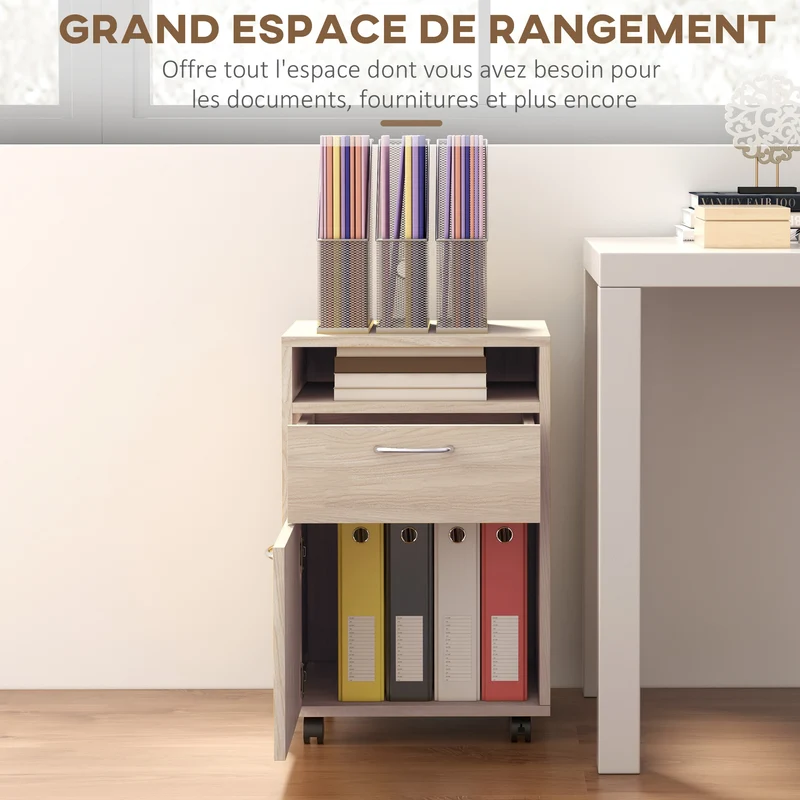 Caisson de bureau 40 x 35 x 60 cm tiroir coulissant et placard poignées épuré moderne en panneaux de particules chêne 21_0002383