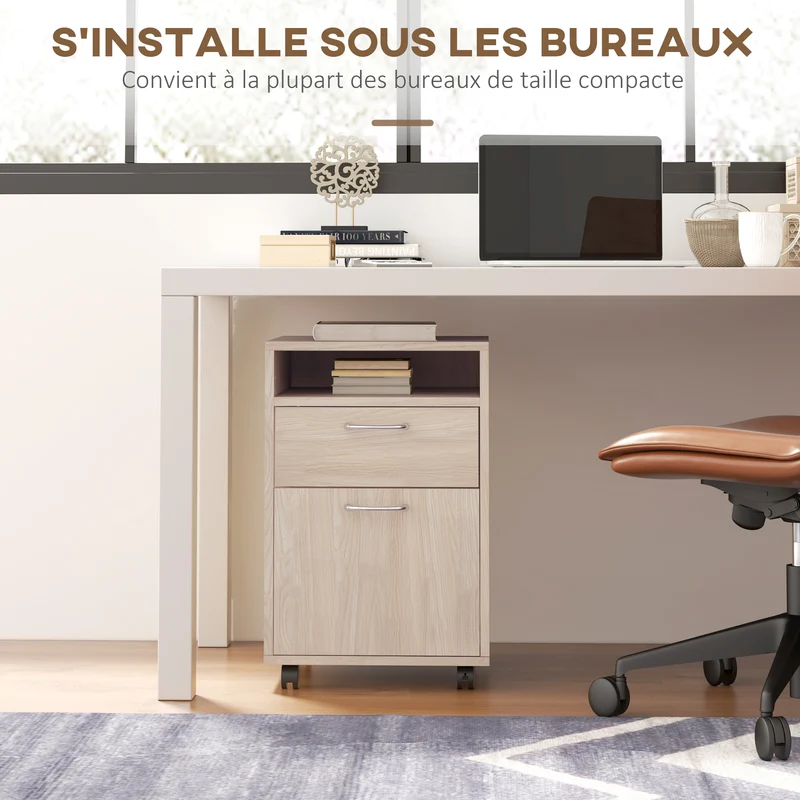 Caisson de bureau 40 x 35 x 60 cm tiroir coulissant et placard poignées épuré moderne en panneaux de particules chêne 21_0002383