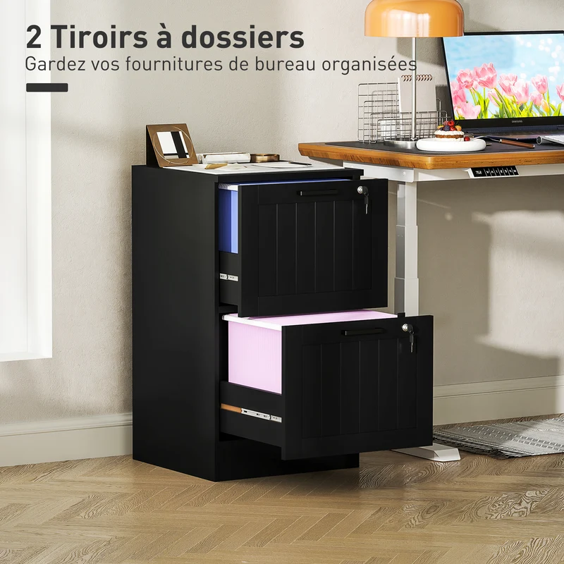 Caisson de bureau 2 tiroirs verrouillables support imprimante 40 x 40 x 71 cm gain de place design moderne en MDF noir 21_0006400