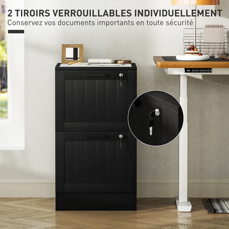 Caisson de bureau 2 tiroirs verrouillables support imprimante 40 x 40 x 71 cm gain de place design moderne en MDF noir 21_0006400