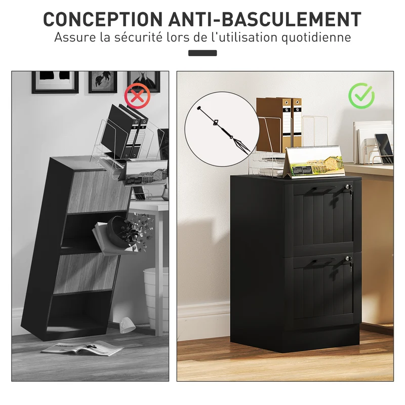 Caisson de bureau 2 tiroirs verrouillables support imprimante 40 x 40 x 71 cm gain de place design moderne en MDF noir 21_0006400