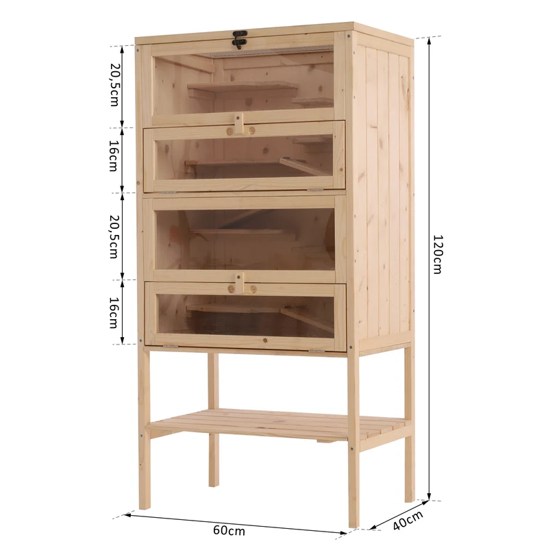 Cage pour hamsters et souris multi niveaux 60 x 40 x 120 cm 5 étages 10 plateformes scandinave épuré en bois naturel 21_0007869