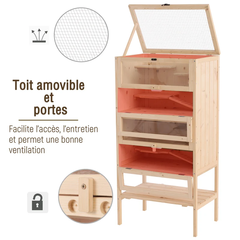 Cage pour hamsters et souris multi niveaux 60 x 40 x 120 cm 5 étages 10 plateformes scandinave épuré en bois naturel 21_0007869