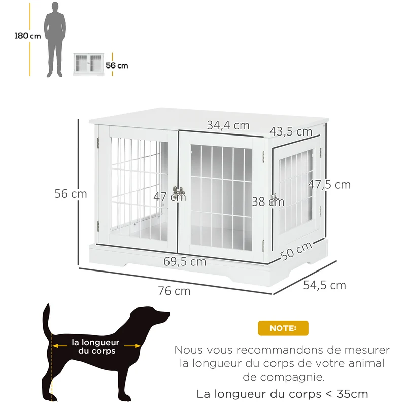Cage pour chien table d'appoint 76 x 54.5 x 56 cm double porte verrouillable avec plateau contemporain épuré en MDF blanc 21_0007290