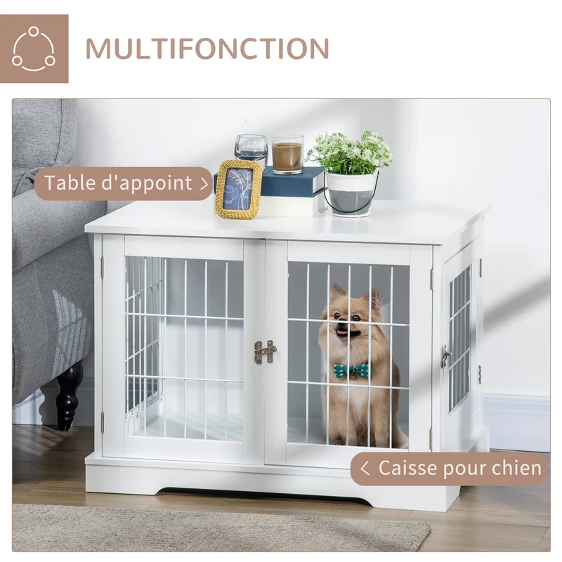 Cage pour chien table d'appoint 76 x 54.5 x 56 cm double porte verrouillable avec plateau contemporain épuré en MDF blanc 21_0007290