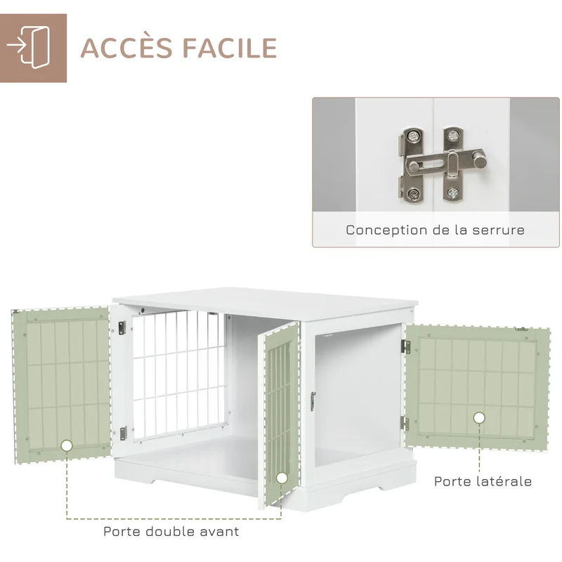 Cage pour chien table d'appoint 76 x 54.5 x 56 cm double porte verrouillable avec plateau contemporain épuré en MDF blanc 21_0007290