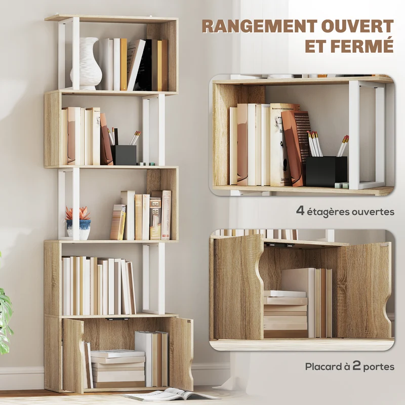 Bibliothèque en s 60 x 23,8 x 179,2 cm rangement fermé et ouvert design moderne très cosy en bois d'ingénierie naturel 21_0002545