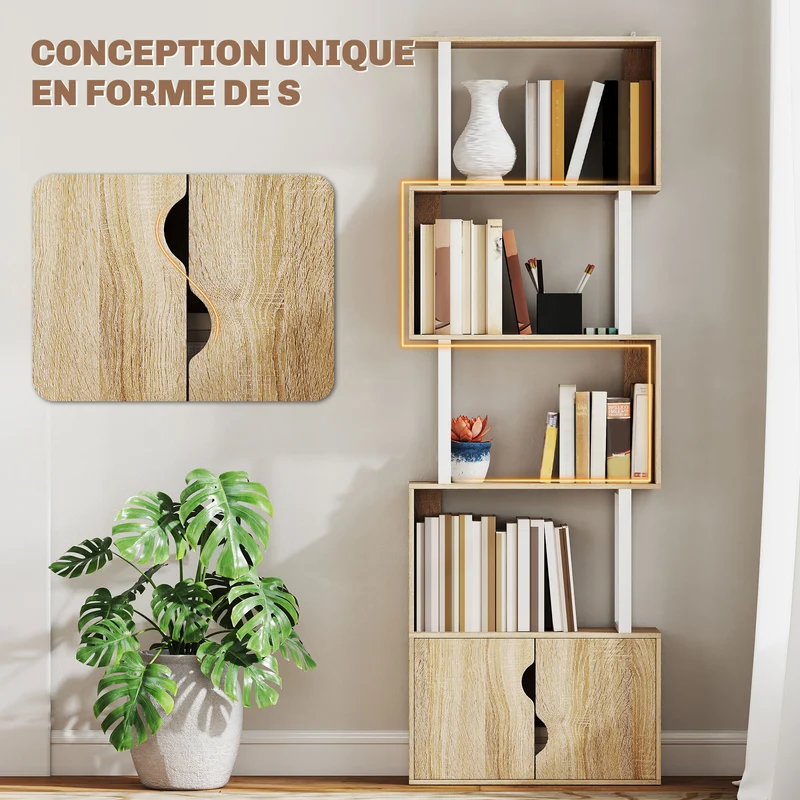 Bibliothèque en s 60 x 23,8 x 179,2 cm rangement fermé et ouvert design moderne très cosy en bois d'ingénierie naturel 21_0002545
