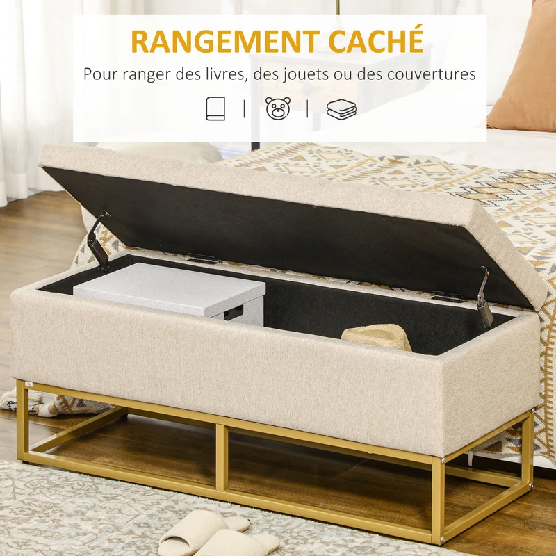 Banquette coffre capitonnée entrée 110 x 44 x 48 cm rangement sécurisé assise douce style classique en polyester beige 21_0002902