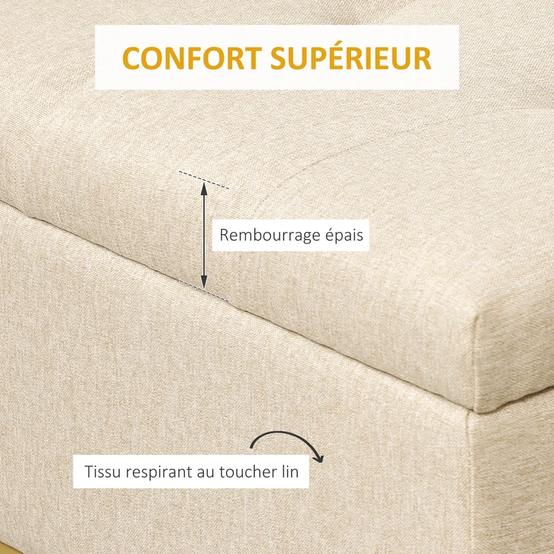 Banquette coffre capitonnée entrée 110 x 44 x 48 cm rangement sécurisé assise douce style classique en polyester beige 21_0002902
