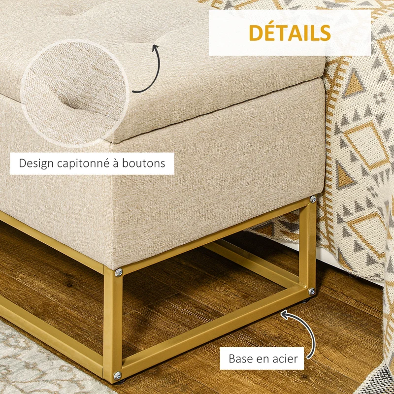 Banquette coffre capitonnée entrée 110 x 44 x 48 cm rangement sécurisé assise douce style classique en polyester beige 21_0002902