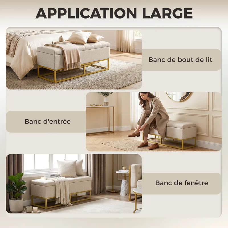 Banquette coffre capitonnée entrée 110 x 44 x 48 cm rangement sécurisé assise douce style classique en polyester beige 21_0002902