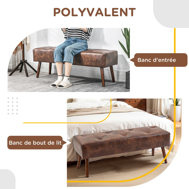Banquette bout de lit capitonnée à boutons 114 x 38 x 42 cm confort optimal montage facile vintage chic en PU marron 21_0001577