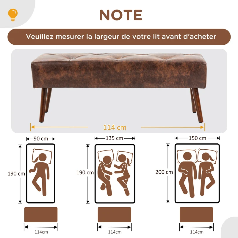 Banquette bout de lit capitonnée à boutons 114 x 38 x 42 cm confort optimal montage facile vintage chic en PU marron 21_0001577
