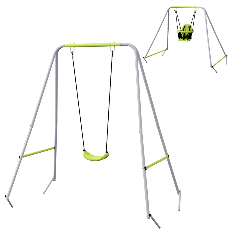 Balançoire portique 2 en 1 jardin 180 x 160 x 182 cm siège évolutif ceinture 5 points design contemporain en métal vert 21_0000378