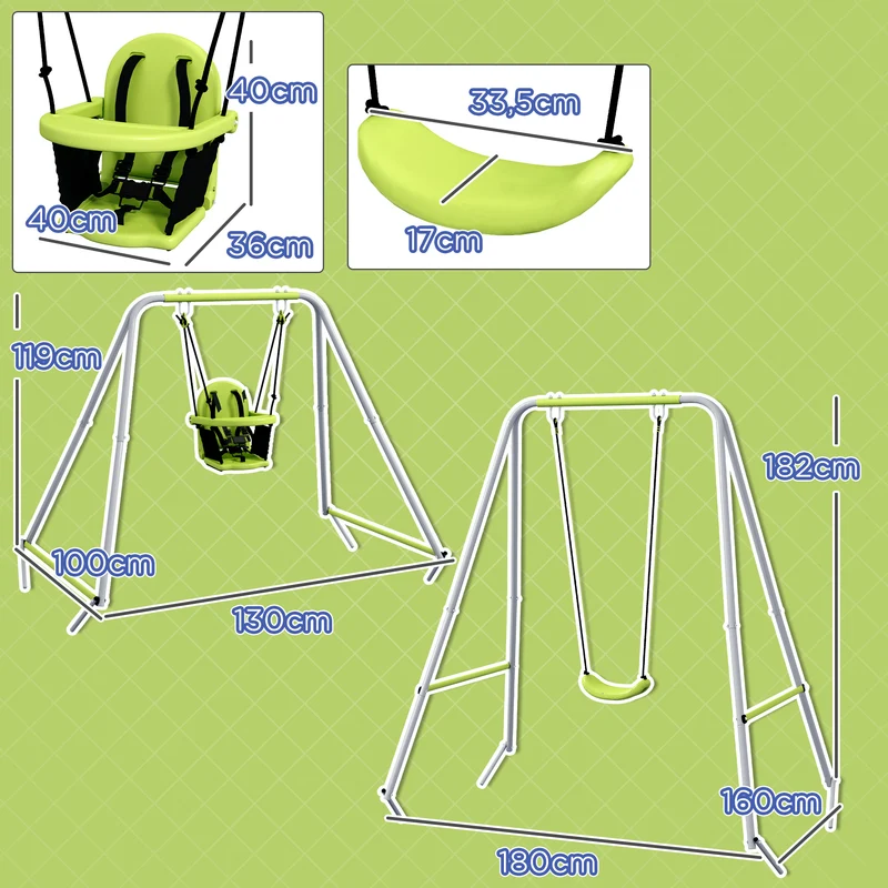 Balançoire portique 2 en 1 jardin 180 x 160 x 182 cm siège évolutif ceinture 5 points design contemporain en métal vert 21_0000378