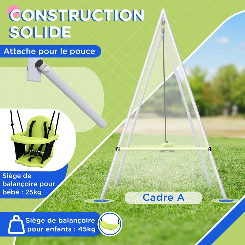 Balançoire portique 2 en 1 jardin 180 x 160 x 182 cm siège évolutif ceinture 5 points design contemporain en métal vert 21_0000378