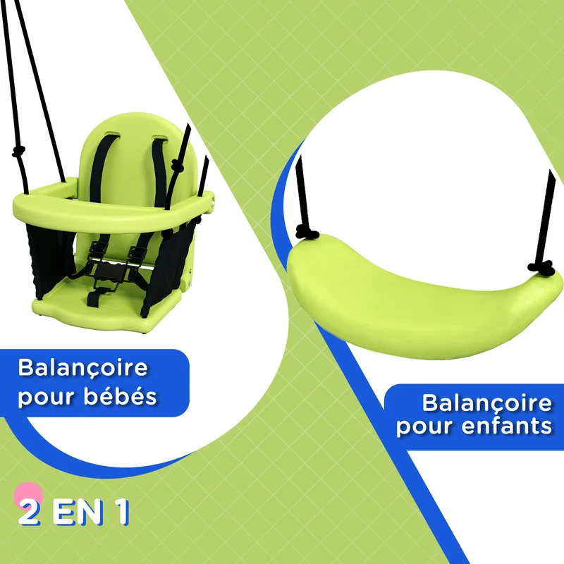 Balançoire portique 2 en 1 jardin 180 x 160 x 182 cm siège évolutif ceinture 5 points design contemporain en métal vert 21_0000378
