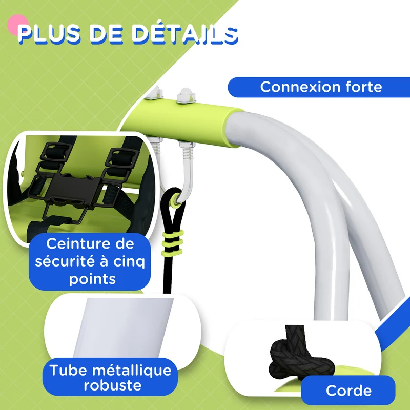 Balançoire portique 2 en 1 jardin 180 x 160 x 182 cm siège évolutif ceinture 5 points design contemporain en métal vert 21_0000378