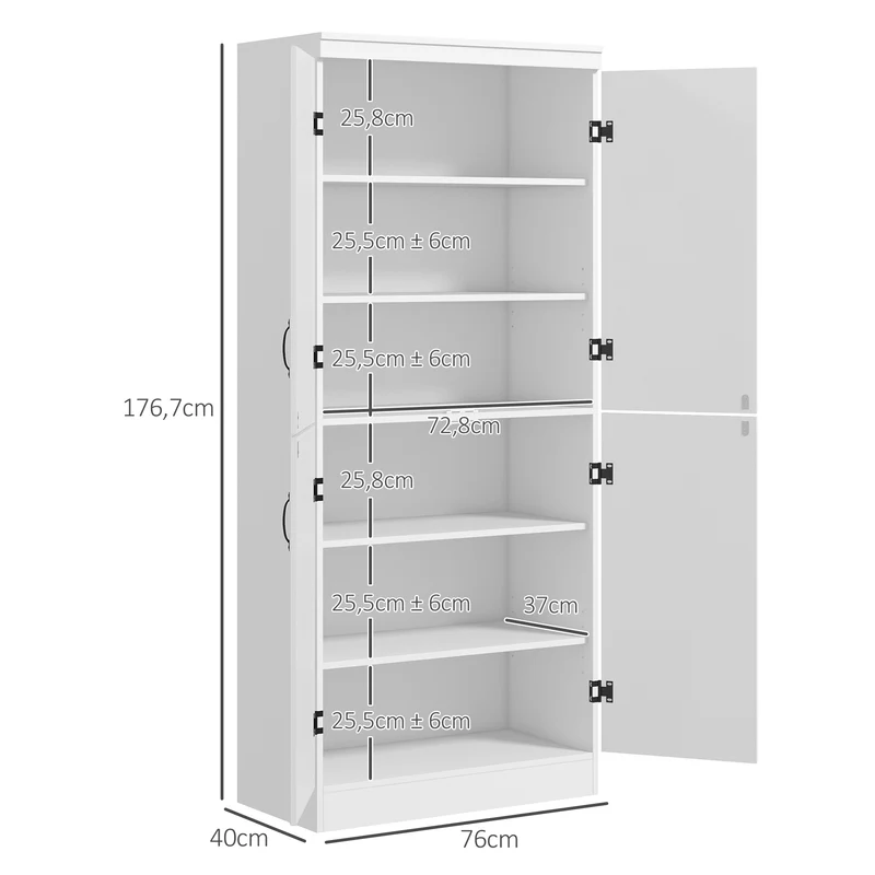 Armoire de cuisine buffet 76 x 40 x 176.7 cm 6 étagères réglables sécurisé anti basculement moderne épuré en MDF blanc 21_0002832