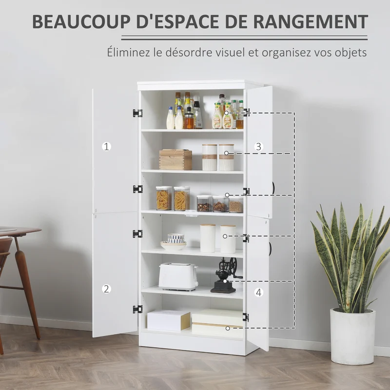 Armoire de cuisine buffet 76 x 40 x 176.7 cm 6 étagères réglables sécurisé anti basculement moderne épuré en MDF blanc 21_0002832