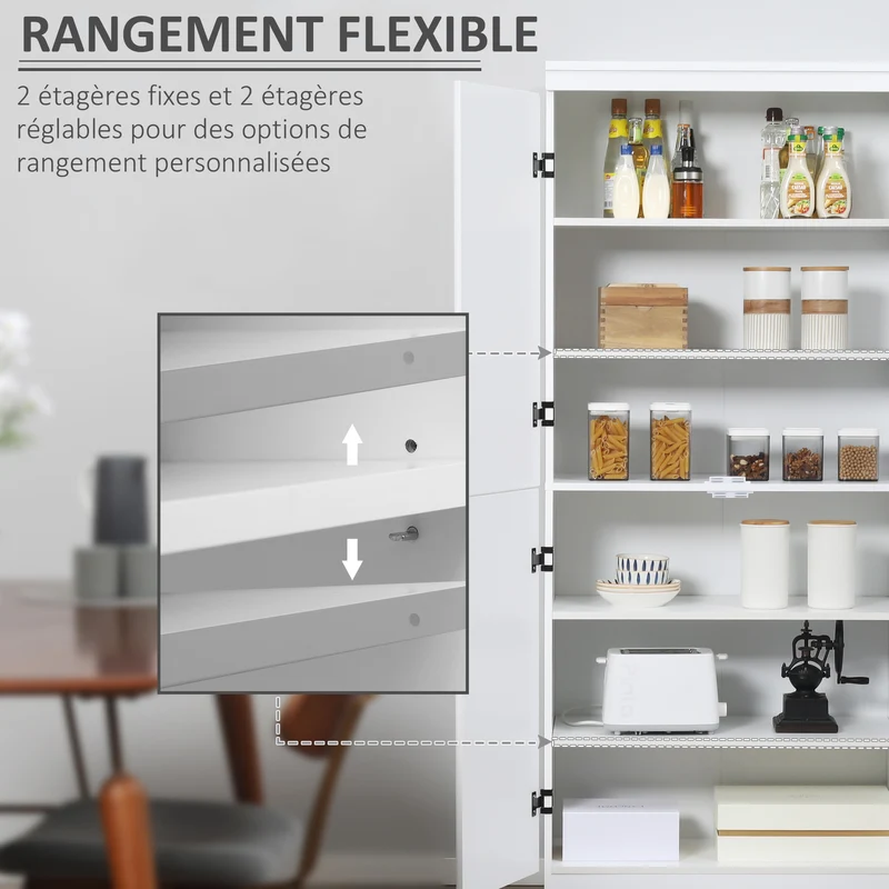Armoire de cuisine buffet 76 x 40 x 176.7 cm 6 étagères réglables sécurisé anti basculement moderne épuré en MDF blanc 21_0002832