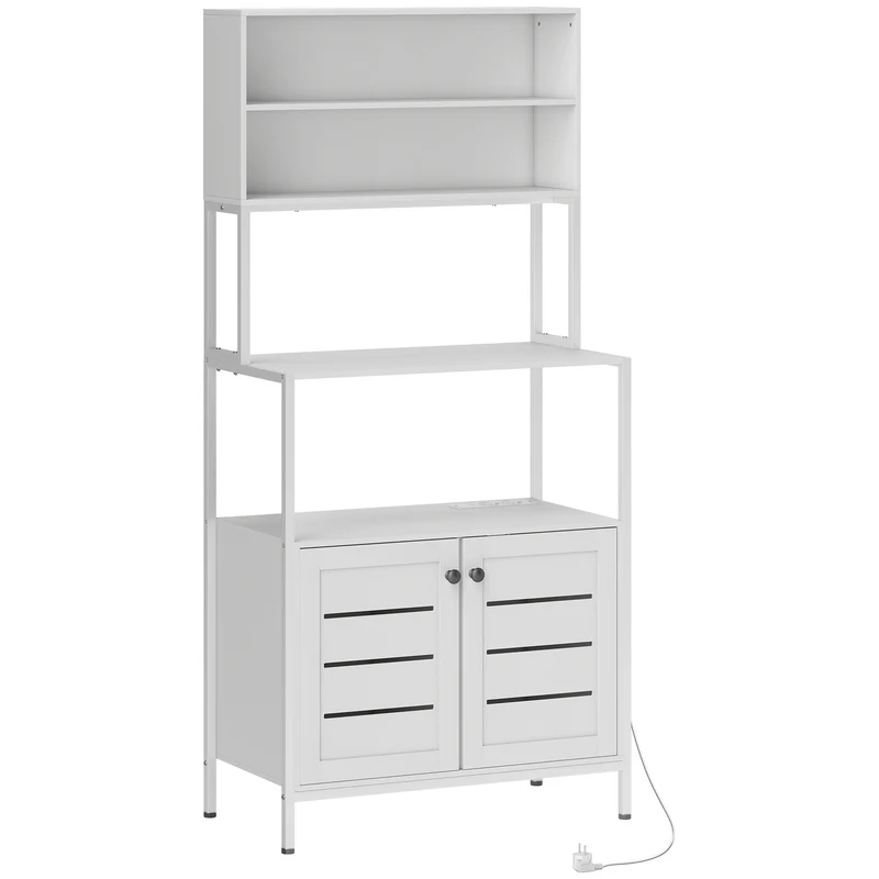 Étagère micro-ondes 80 x 42 x 171 cm prises usb intégrées portes persiennes moderne épuré en panneau de particules blanc 21_0001047