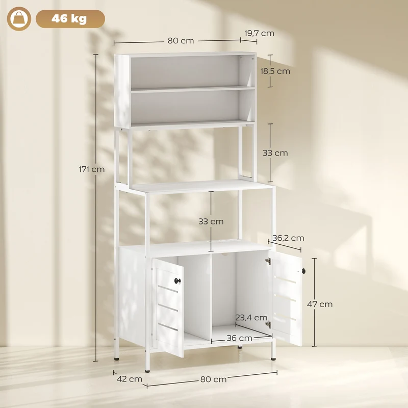 Étagère micro-ondes 80 x 42 x 171 cm prises usb intégrées portes persiennes moderne épuré en panneau de particules blanc 21_0001047