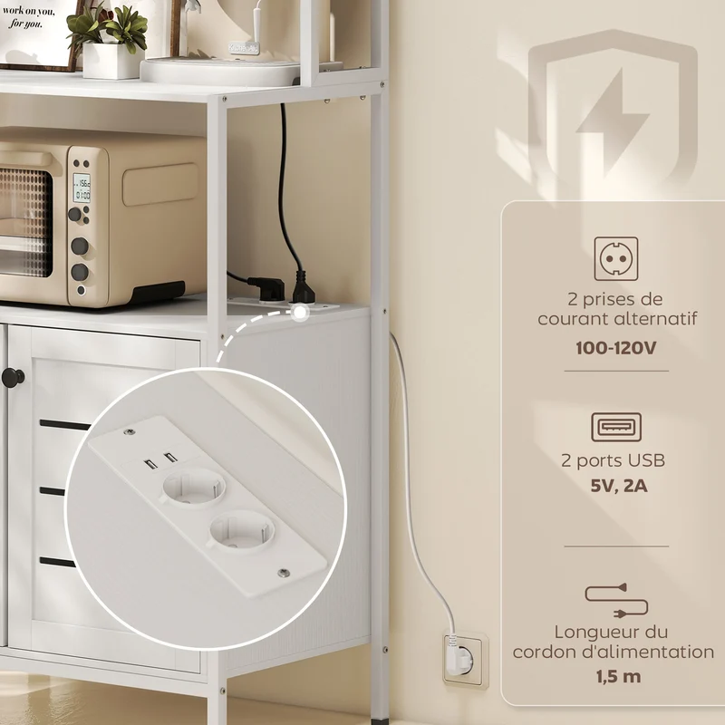 Étagère micro-ondes 80 x 42 x 171 cm prises usb intégrées portes persiennes moderne épuré en panneau de particules blanc 21_0001047