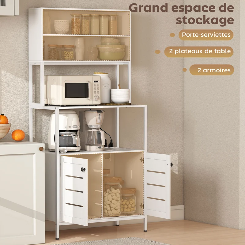 Étagère micro-ondes 80 x 42 x 171 cm prises usb intégrées portes persiennes moderne épuré en panneau de particules blanc 21_0001047