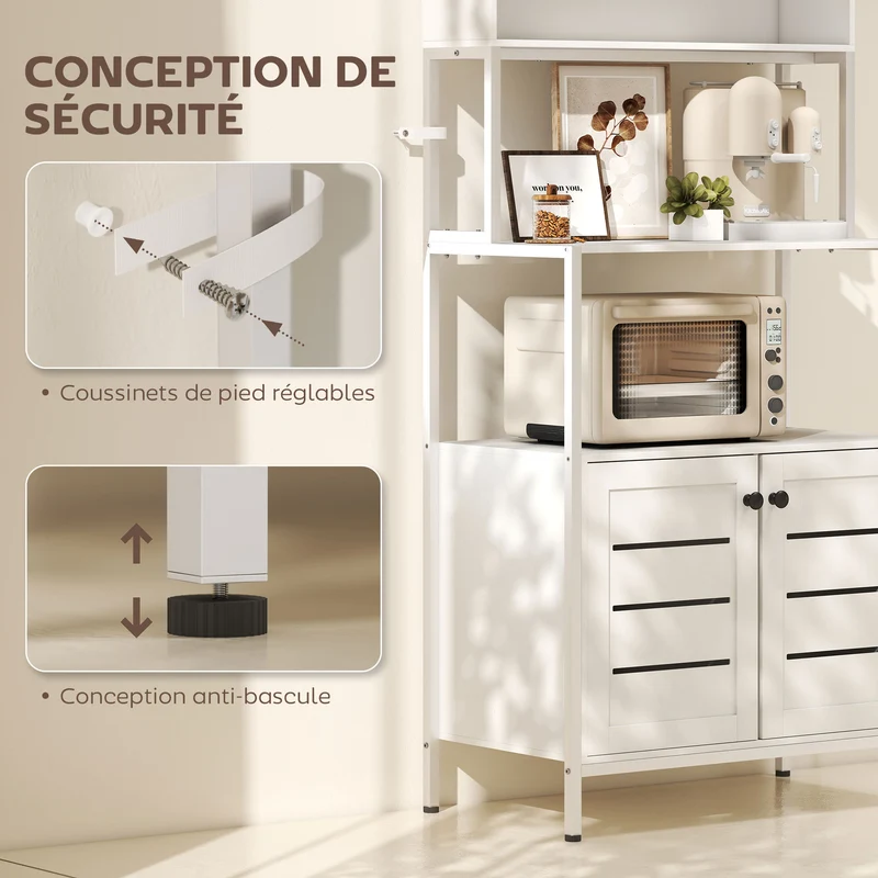 Étagère micro-ondes 80 x 42 x 171 cm prises usb intégrées portes persiennes moderne épuré en panneau de particules blanc 21_0001047
