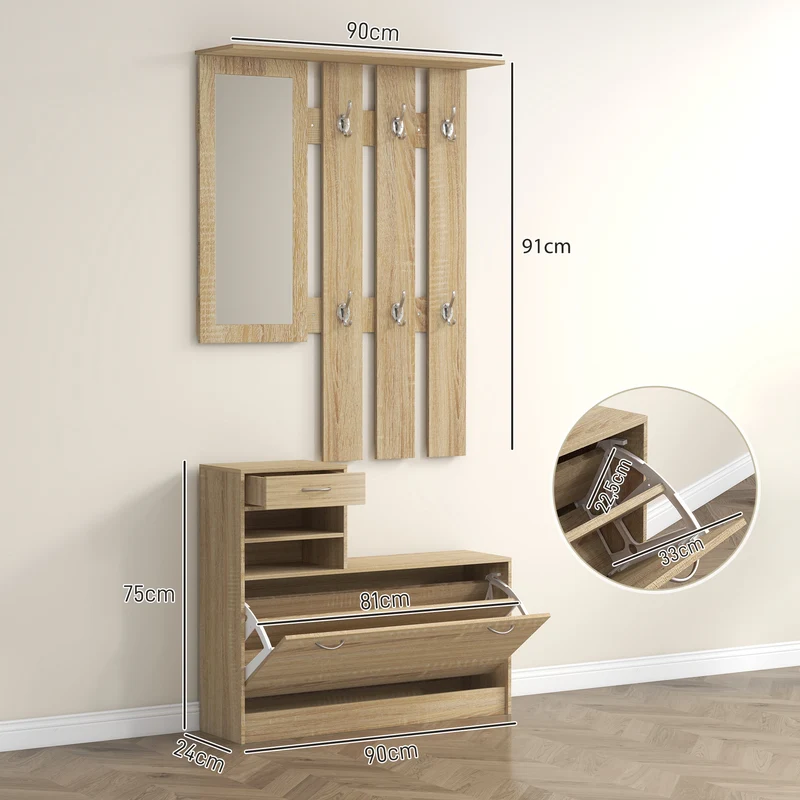 Vestiaire d'entrée 90 x 10 x 91 cm rangement optimisé patères miroir contemporain en panneaux de particules bois clair 21_0001410
