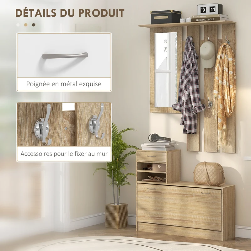 Vestiaire d'entrée 90 x 10 x 91 cm rangement optimisé patères miroir contemporain en panneaux de particules bois clair 21_0001410