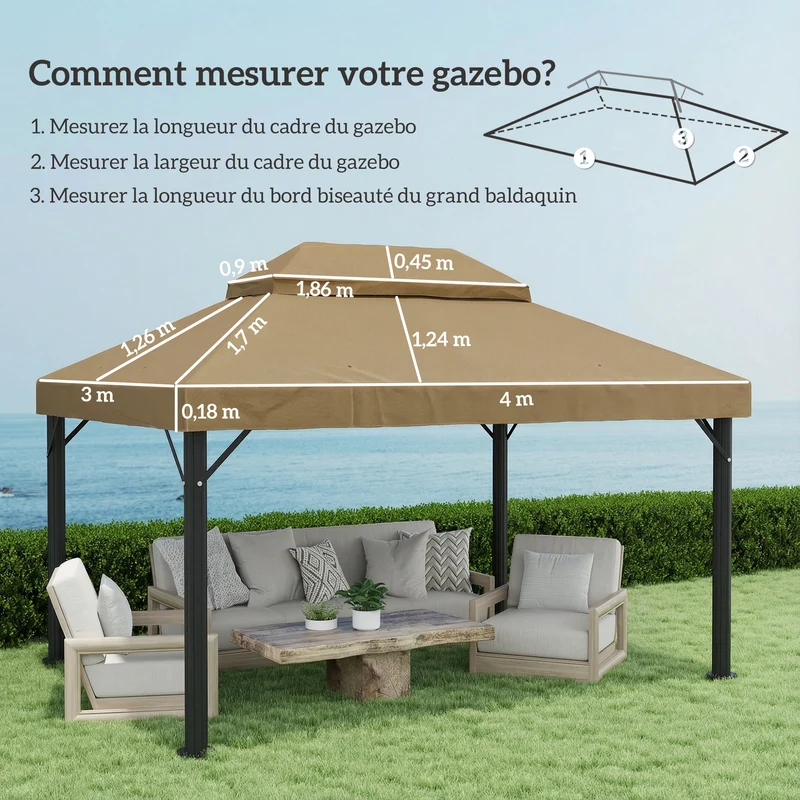 Toile de rechange pour tonnelle 400 x 300 cm upf30 double toit ventilation drainé style contemporain en polyester beige 21_0004872