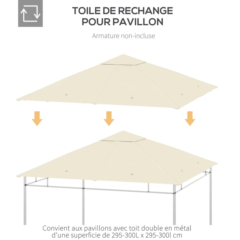 Toile de rechange pour pavillon tonnelle 3 x 3 m protection anti-uv ventilation contemporain épuré en polyester crème 21_0004761