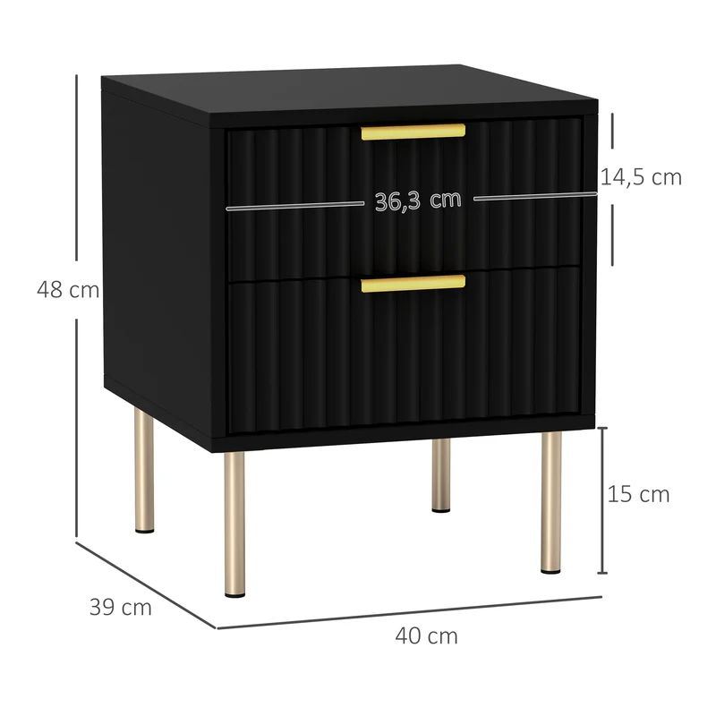 Table de chevet cannelée 40 x 39 x 48 cm 2 tiroirs rangement glissières douces contemporain pieds hauts en MDF noir 21_0001628
