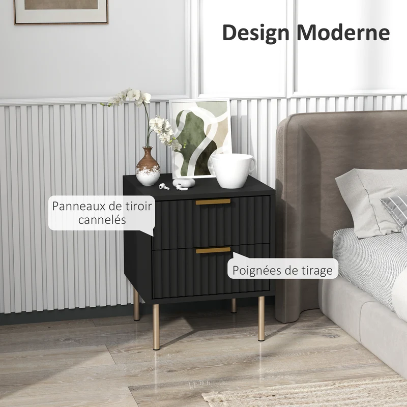 Table de chevet cannelée 40 x 39 x 48 cm 2 tiroirs rangement glissières douces contemporain pieds hauts en MDF noir 21_0001628