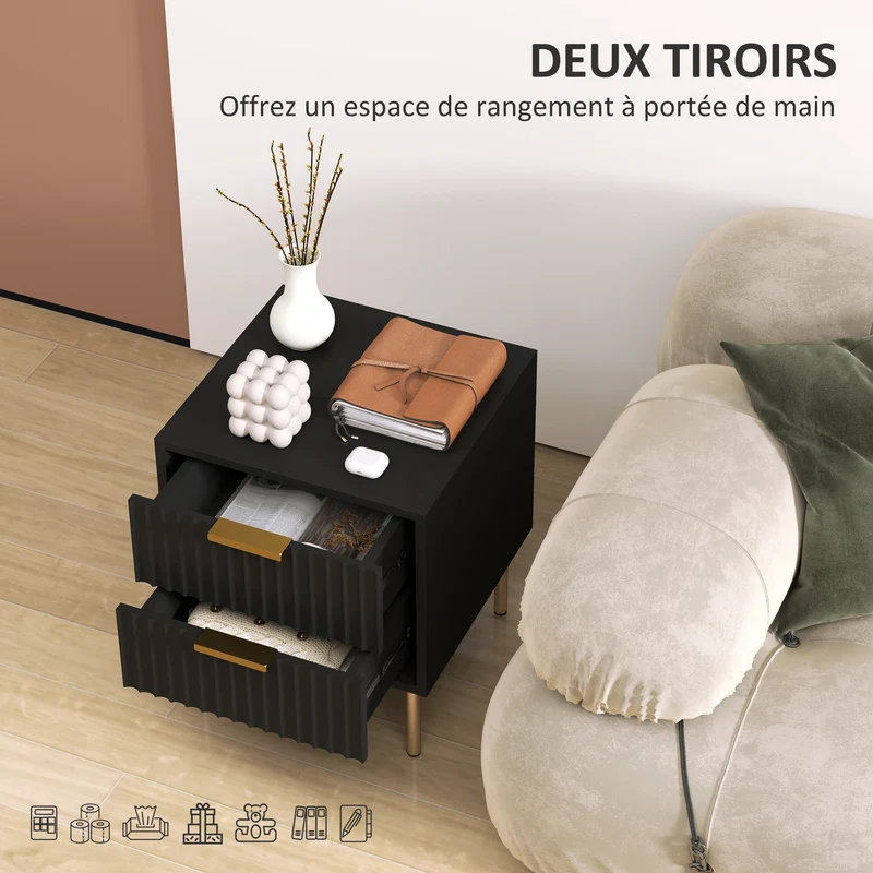 Table de chevet cannelée 40 x 39 x 48 cm 2 tiroirs rangement glissières douces contemporain pieds hauts en MDF noir 21_0001628