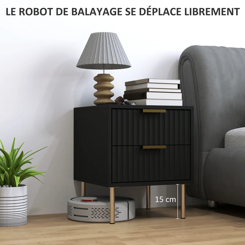 Table de chevet cannelée 40 x 39 x 48 cm 2 tiroirs rangement glissières douces contemporain pieds hauts en MDF noir 21_0001628
