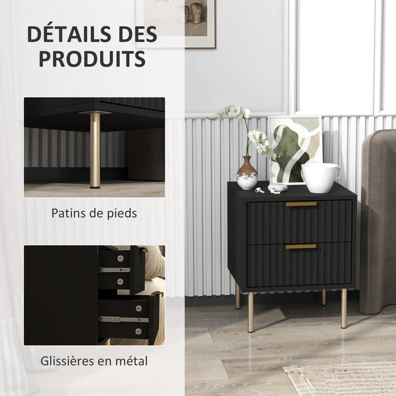 Table de chevet cannelée 40 x 39 x 48 cm 2 tiroirs rangement glissières douces contemporain pieds hauts en MDF noir 21_0001628